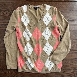 Tommy Hilfiger Argyle V-Neck Sweater - Brown, Pink, and White